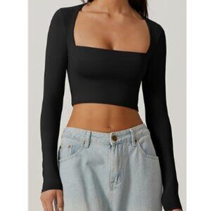 Cyanstyle Square Neck Long Sleeve Cropped Stretchy Tee | Y2K Style